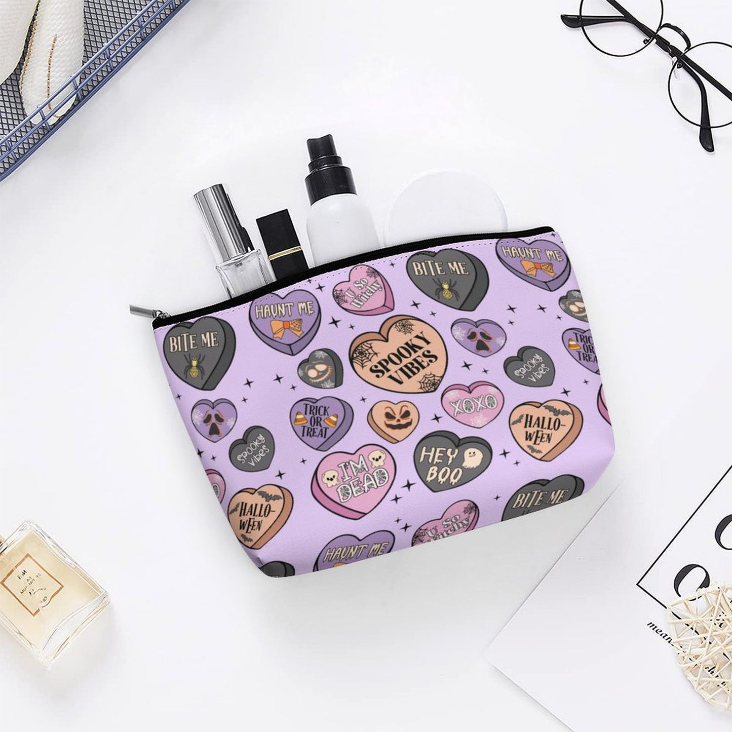 Cosmetic Bag - Pastel Purple Spooky Candy Hearts