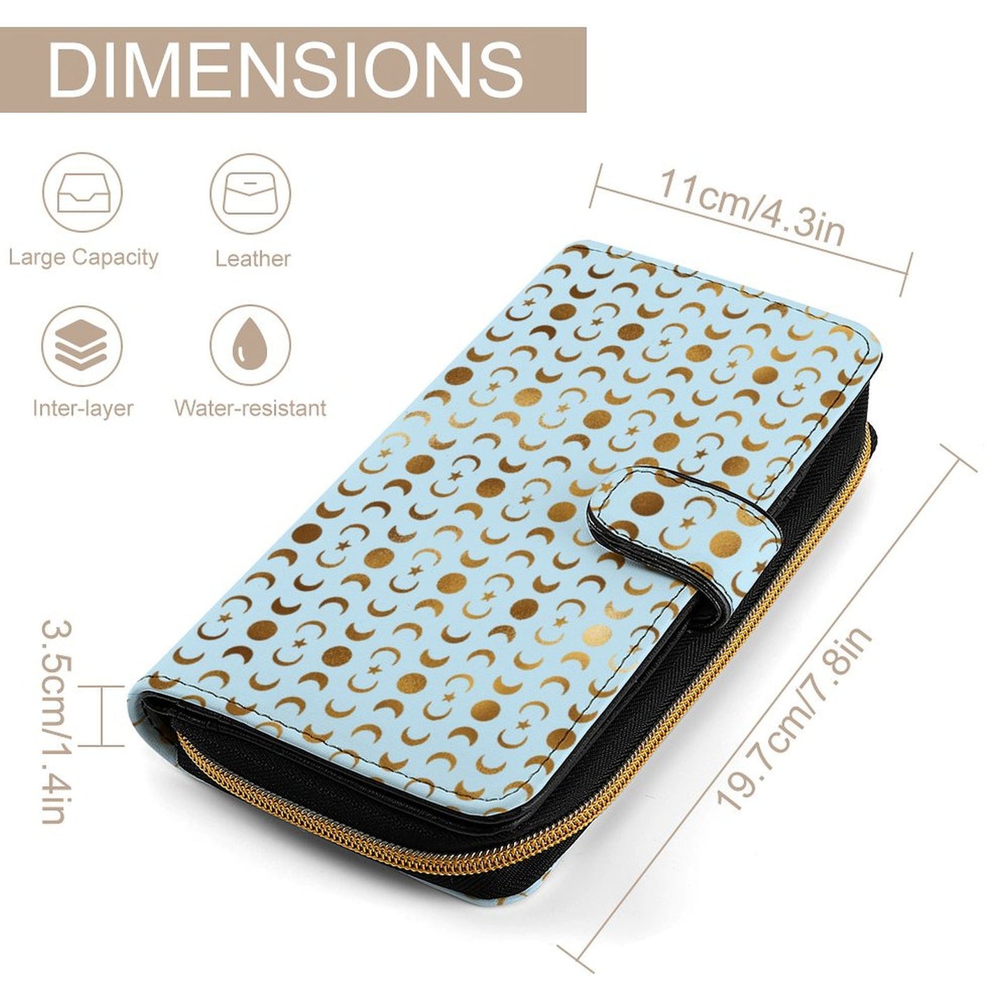Leather Wallet - Pastel Blue & Gold Moons