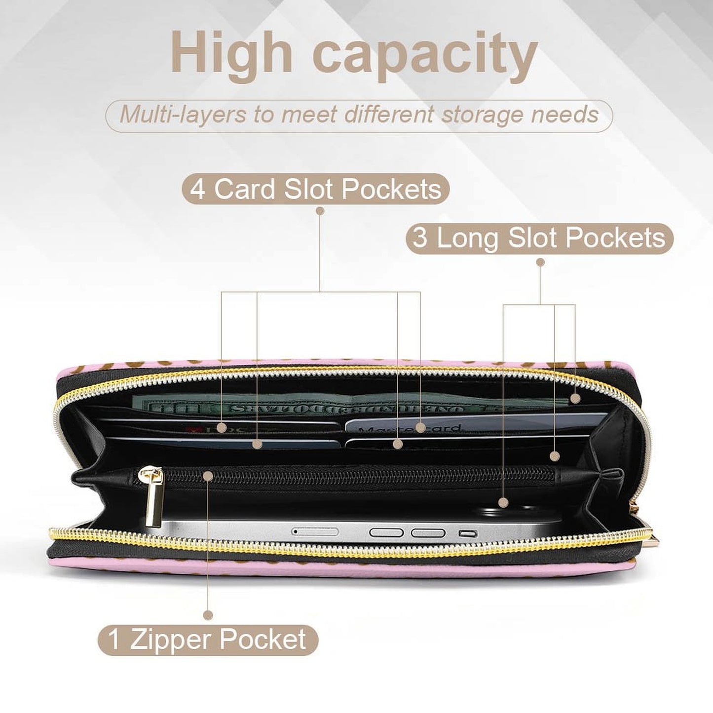 Leather Wallet Zipped - Pastel Pink with Gold Moons