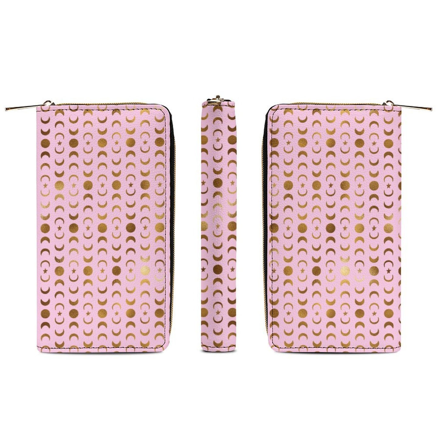 Leather Wallet Zipped - Pastel Pink with Gold Moons