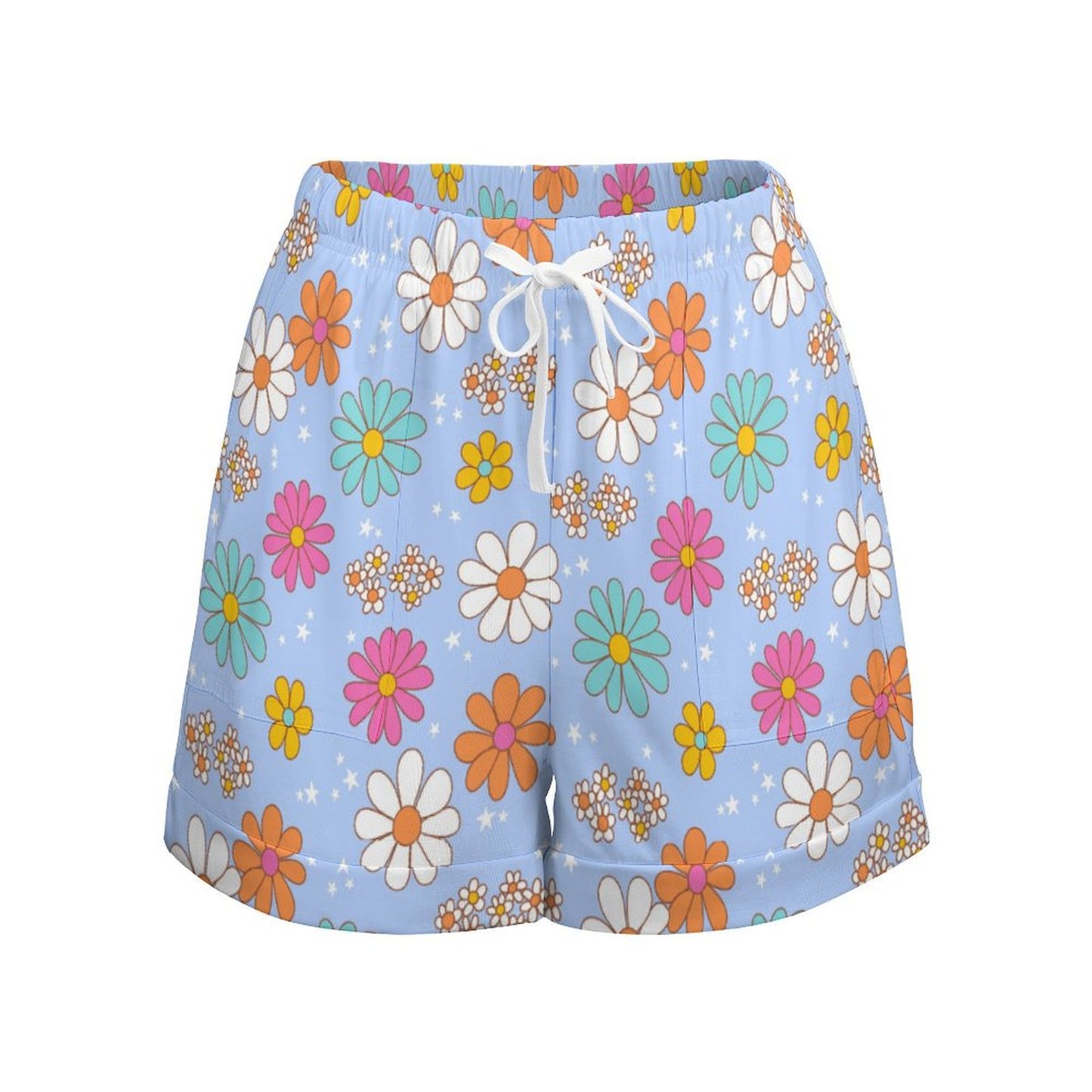 High Waisted Shorts - Blue Flower Pattern