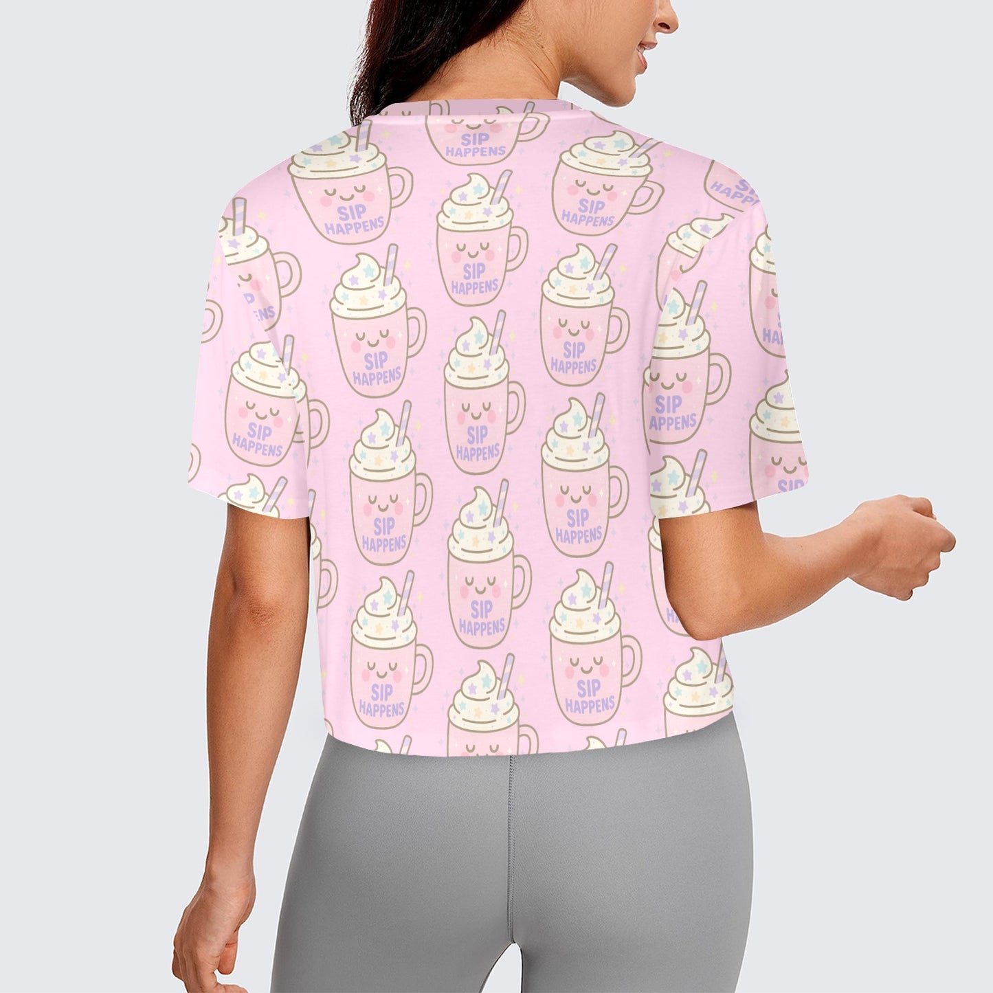 Crop Tee - Sip Happens - Pastel Pink