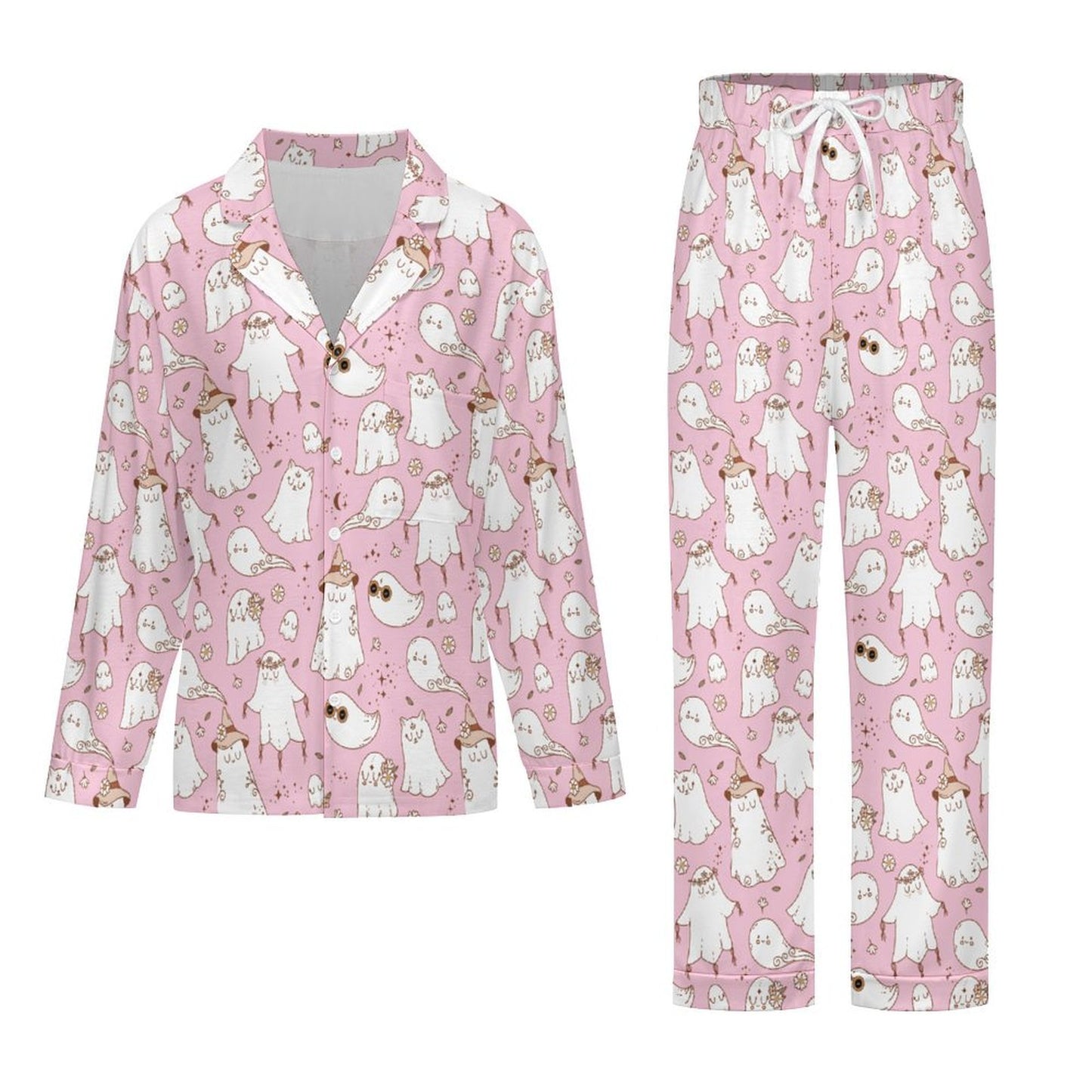 Women's Long Pajama Set - Pastel Pink Spooky Ghost