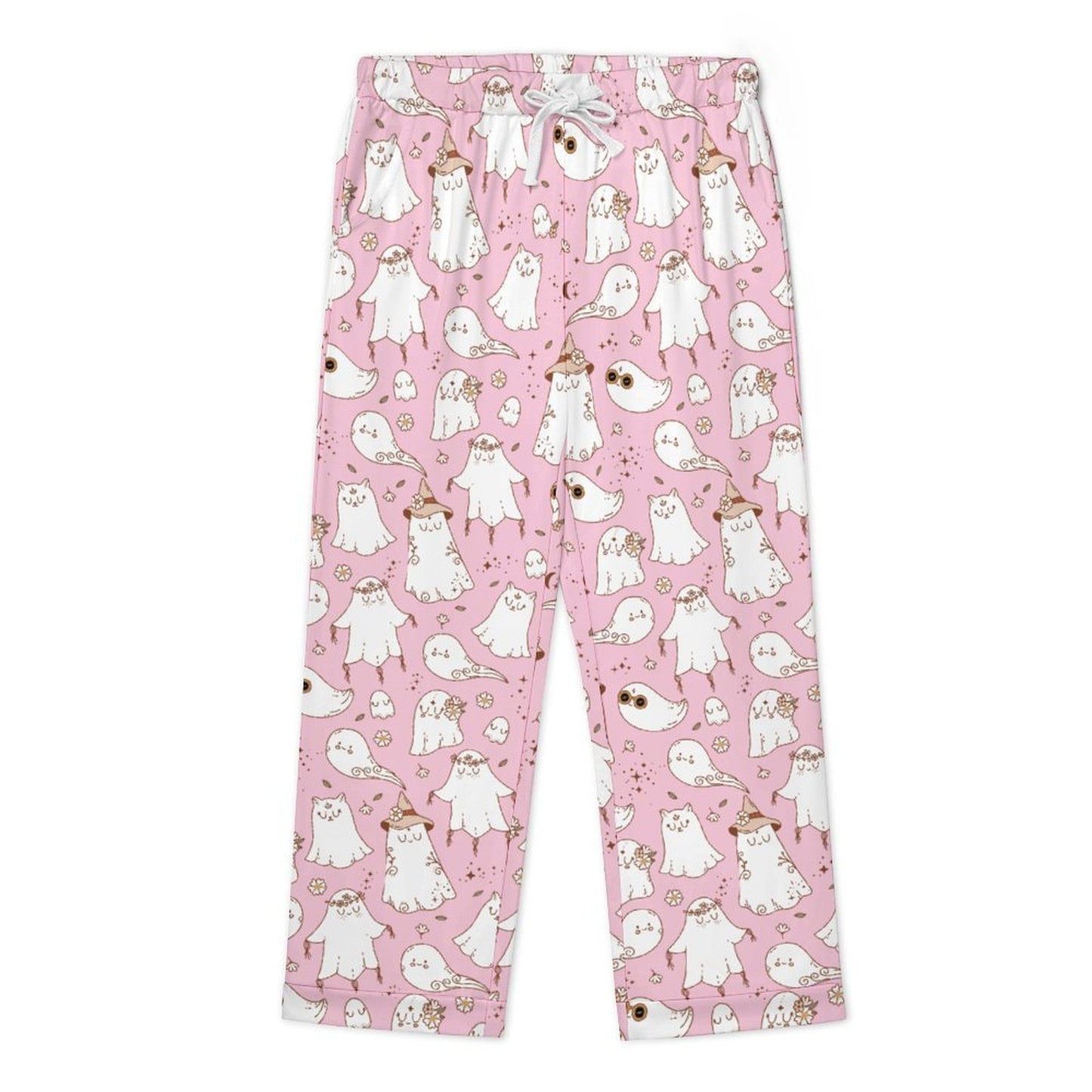 Women's Long Pajama Set - Pastel Pink Spooky Ghost
