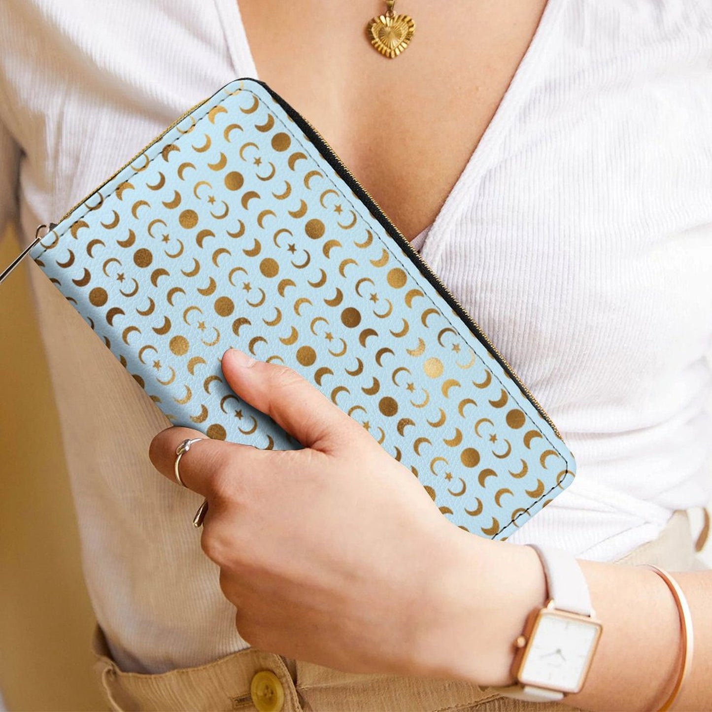 Leather Wallet Zipped - Pastel Blue With Gold Moons