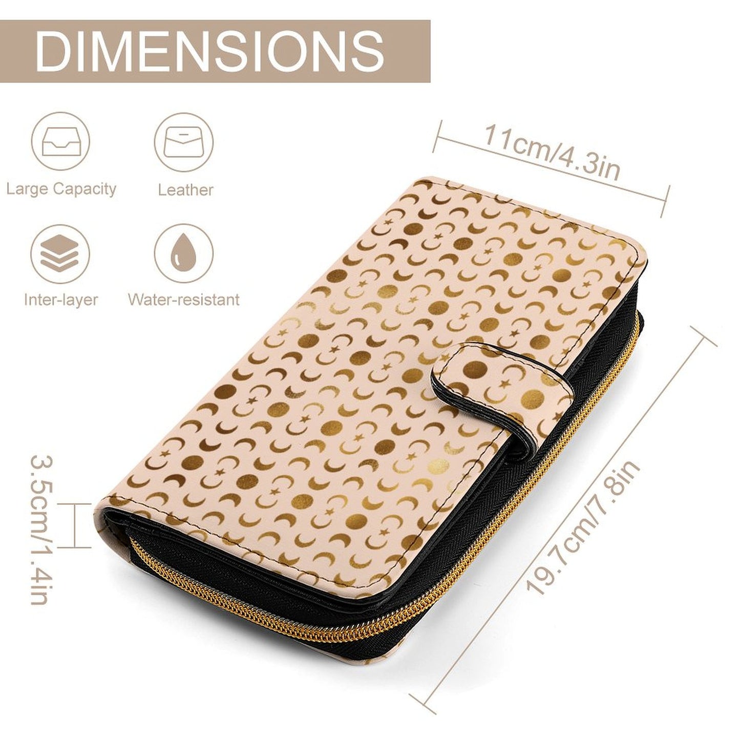 Leather Wallet - Pastel Orange with Gold Moons