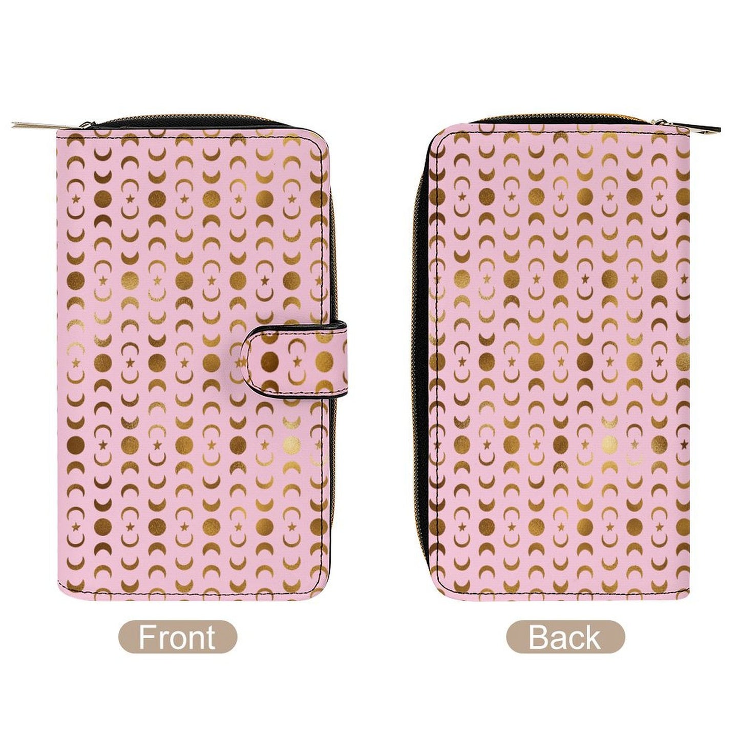 Leather Wallet - Pastel Pink with Gold Moons