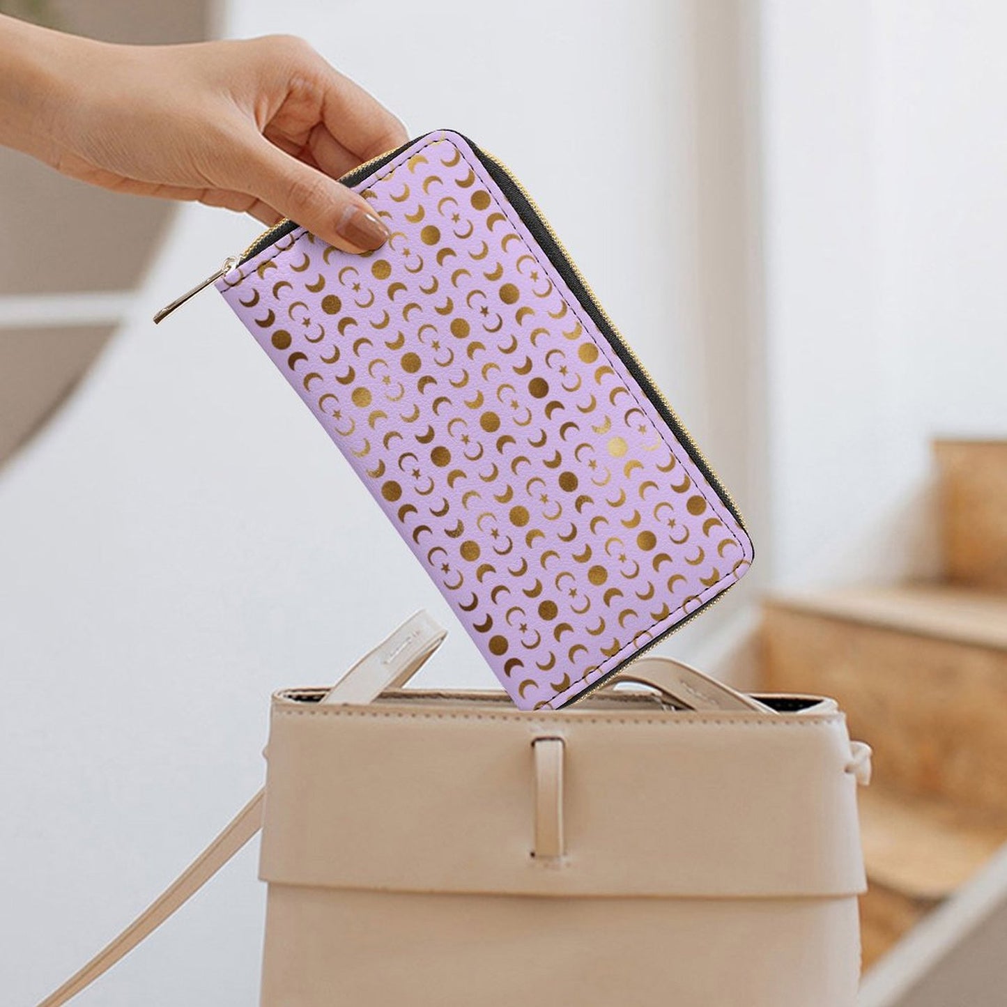 Leather Wallet Zipped - Pastel Purple & Moons