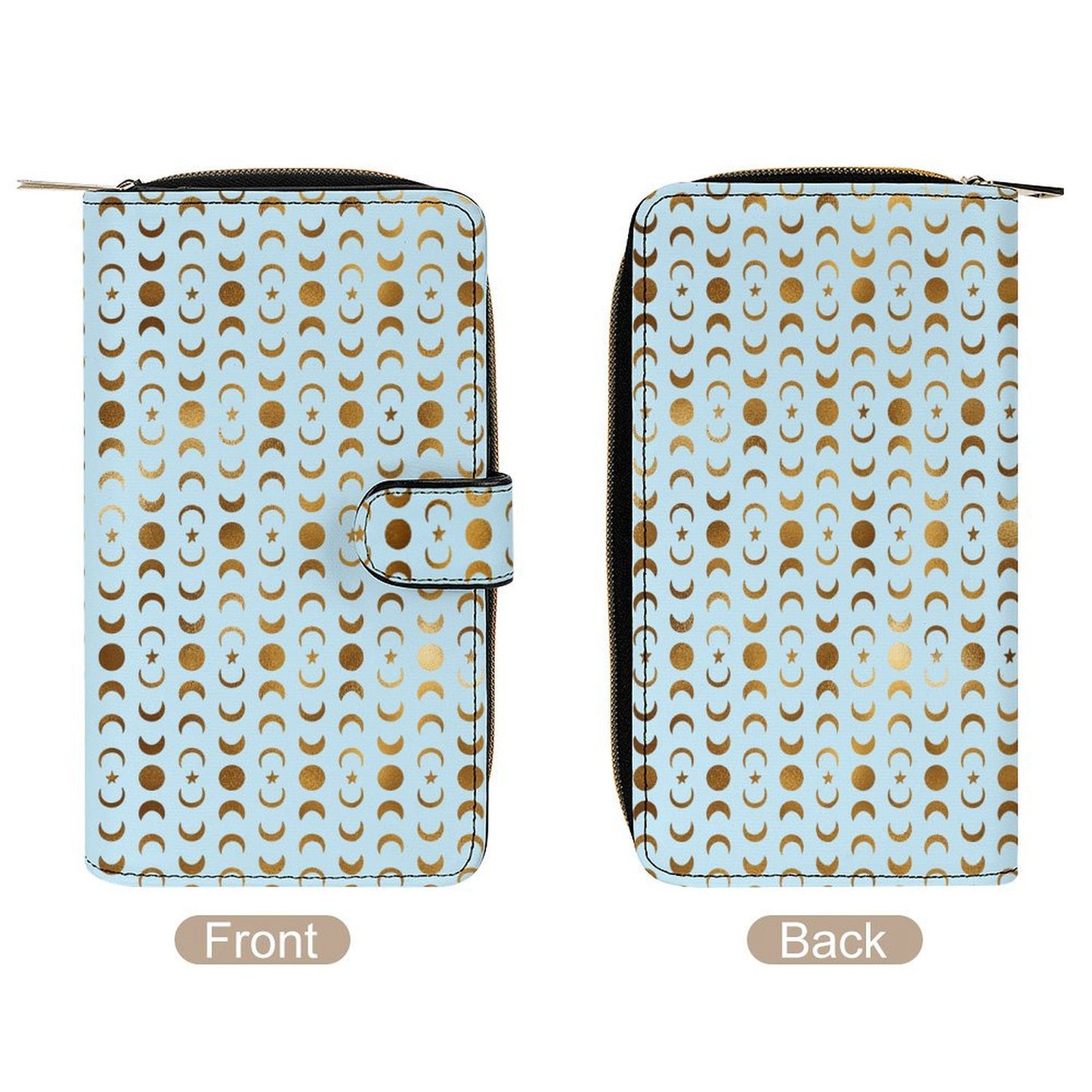Leather Wallet - Pastel Blue & Gold Moons
