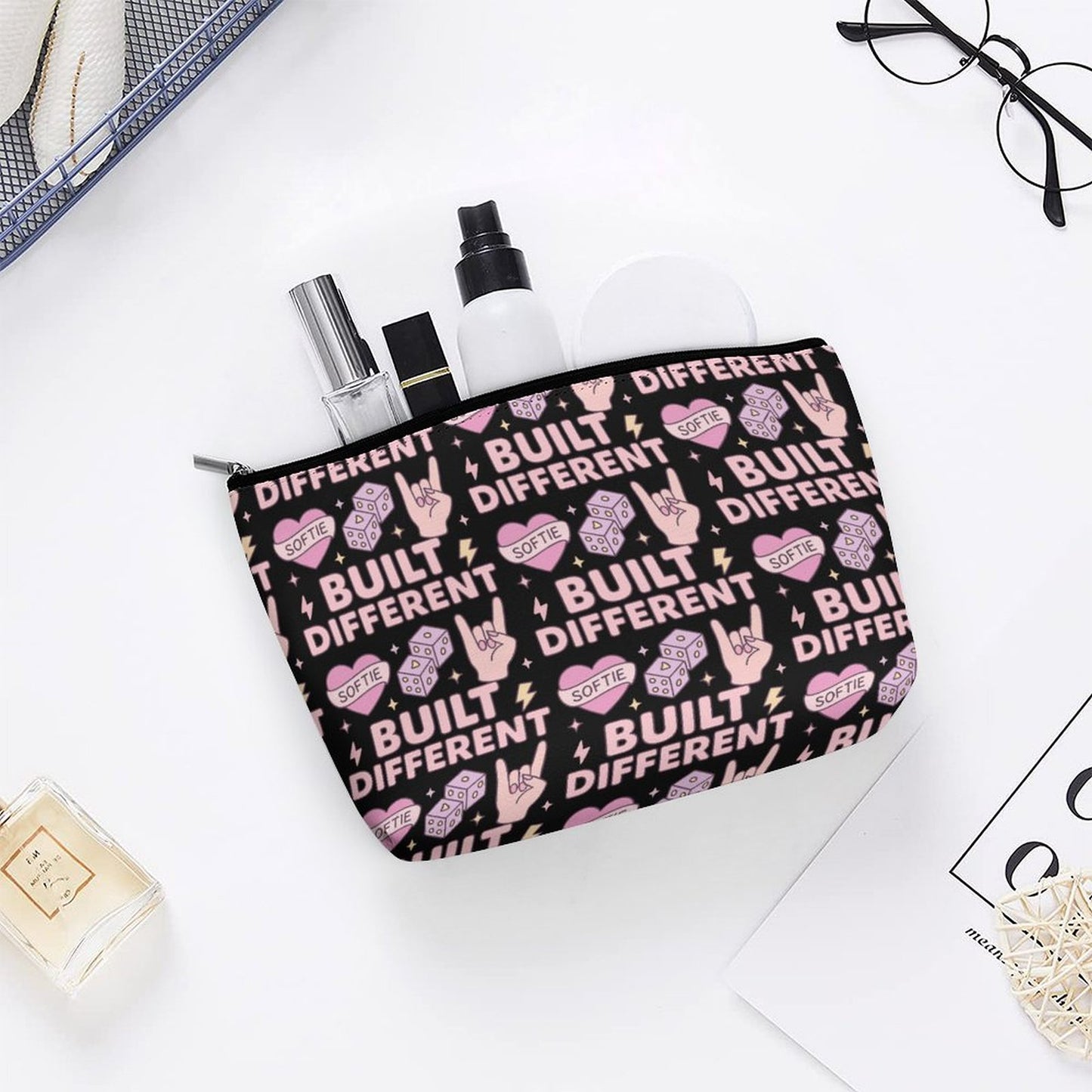 Cosmetic Bag - Black - Built Different Pattern