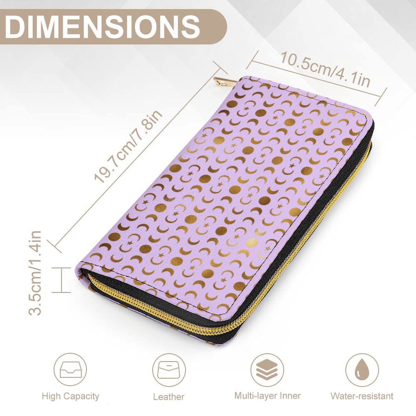 Leather Wallet Zipped - Pastel Purple & Moons