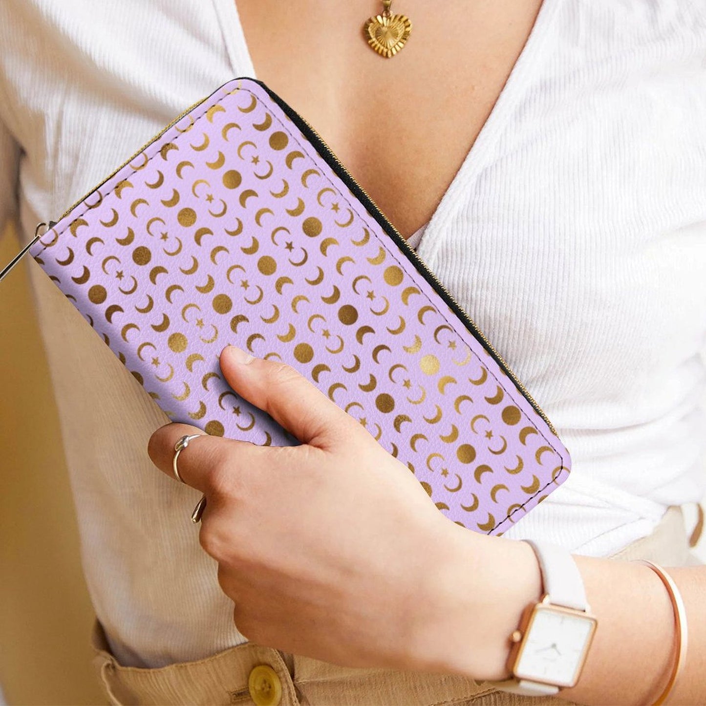 Leather Wallet Zipped - Pastel Purple & Moons
