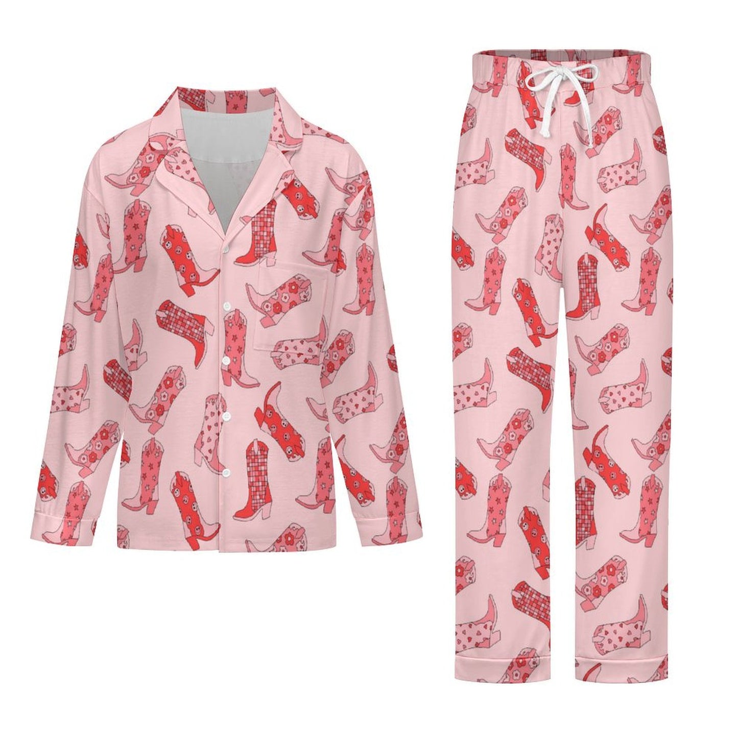 Long Pajama Set - Pink & Red Cowgirl Boots