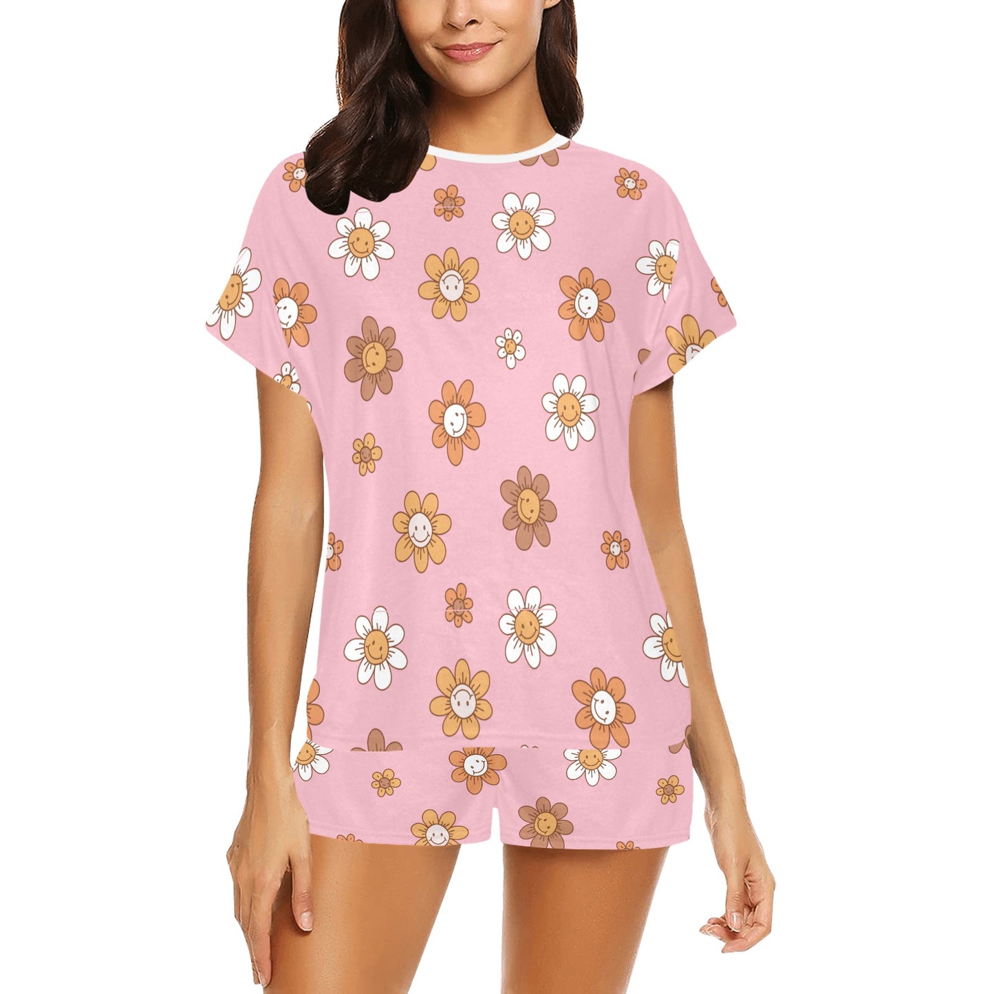 Short Pajama Set - Pastel Pink Happy Happy Flower