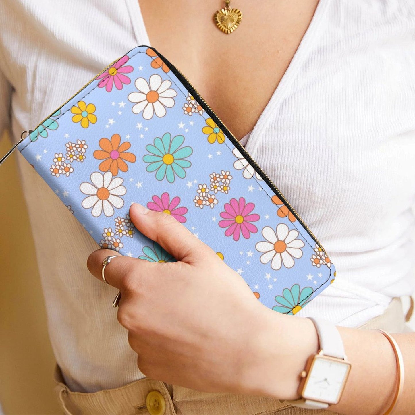 Zipped Wallet - Blue Flower Print