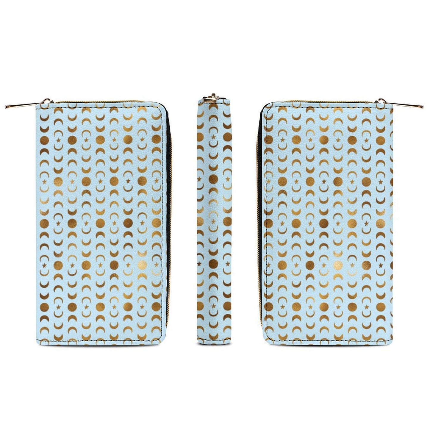 Leather Wallet Zipped - Pastel Blue With Gold Moons