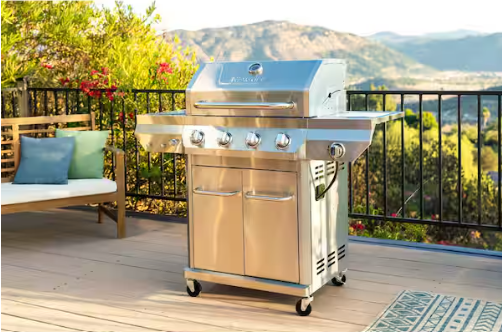 4 Burner Stainless Steel Propane Gas Grill with Side Burner