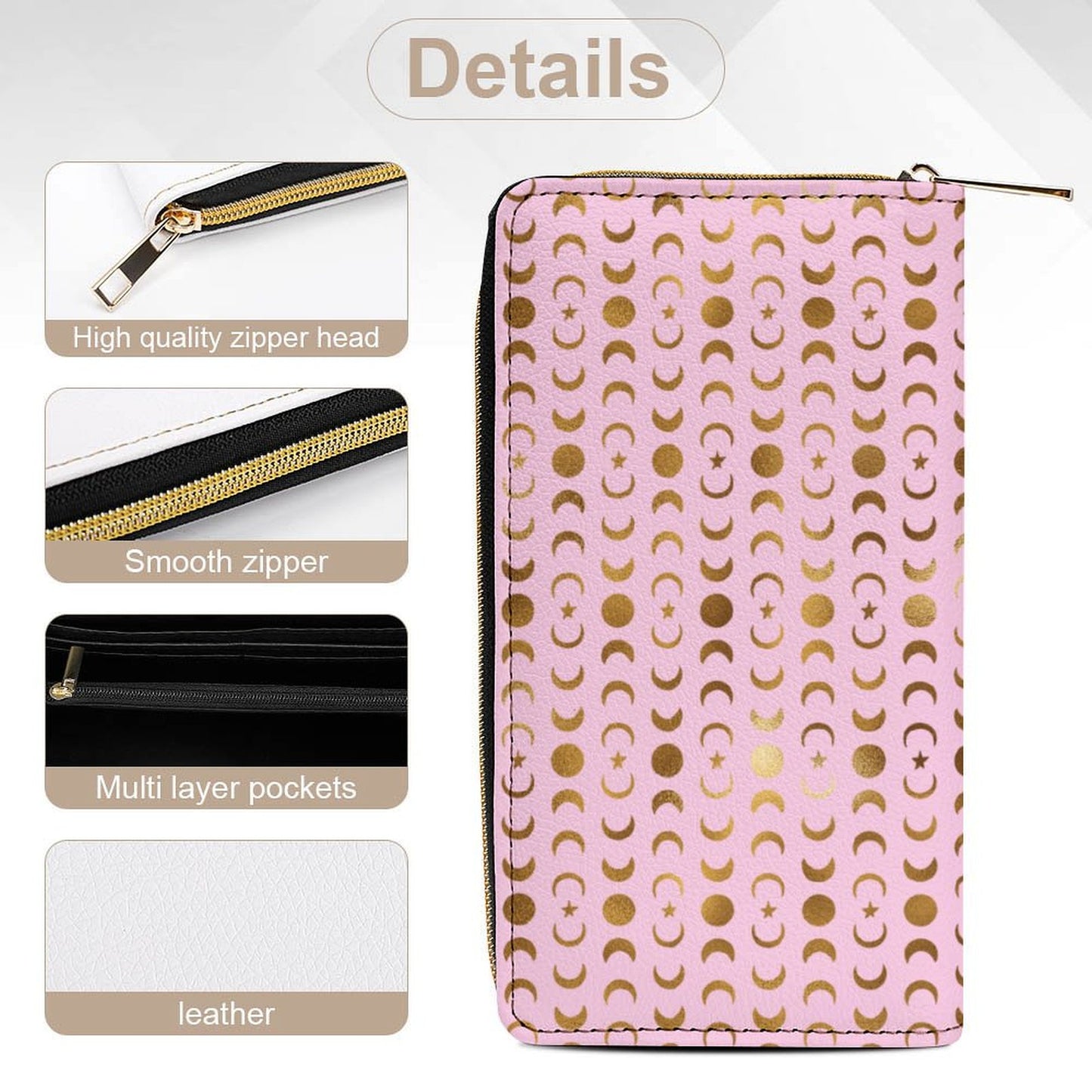 Leather Wallet Zipped - Pastel Pink with Gold Moons