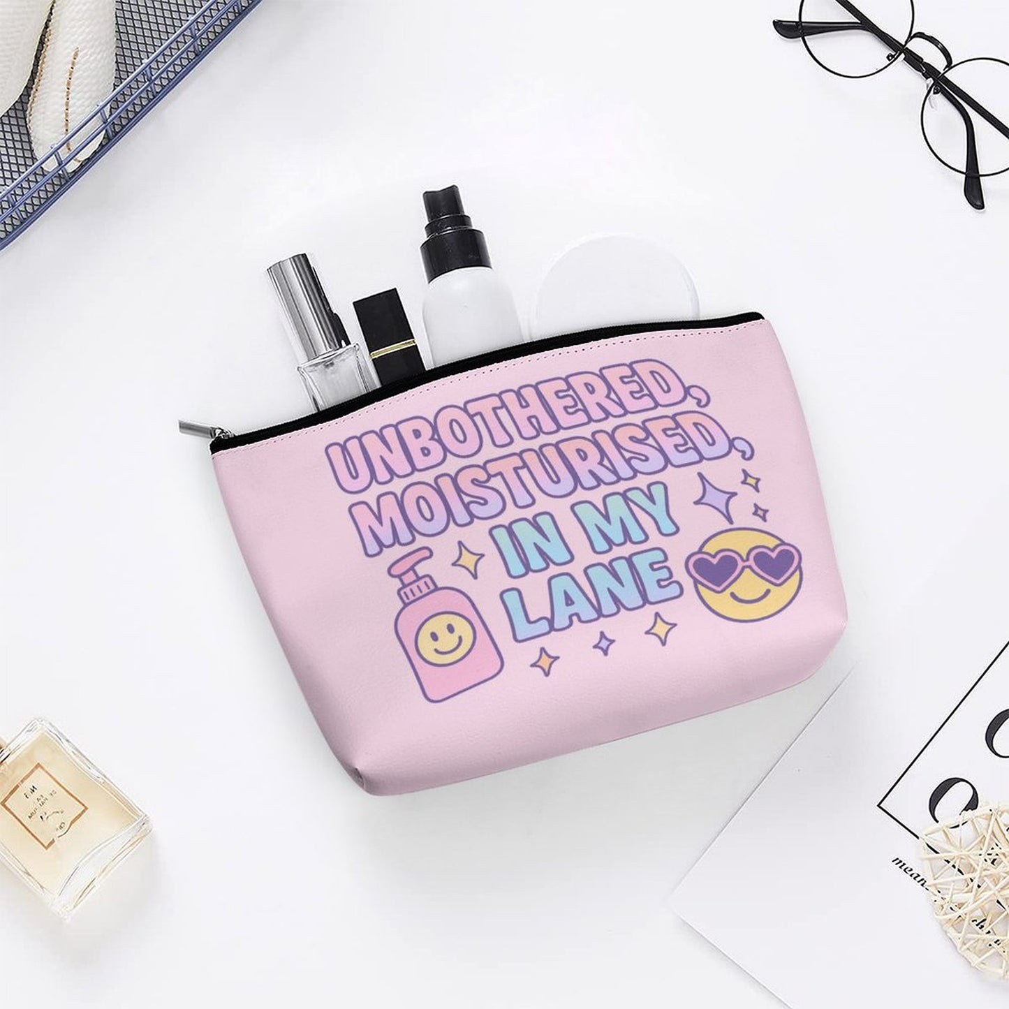 Cosmetic Bag - Moisturised, Unbothered & In My Lane - Pink