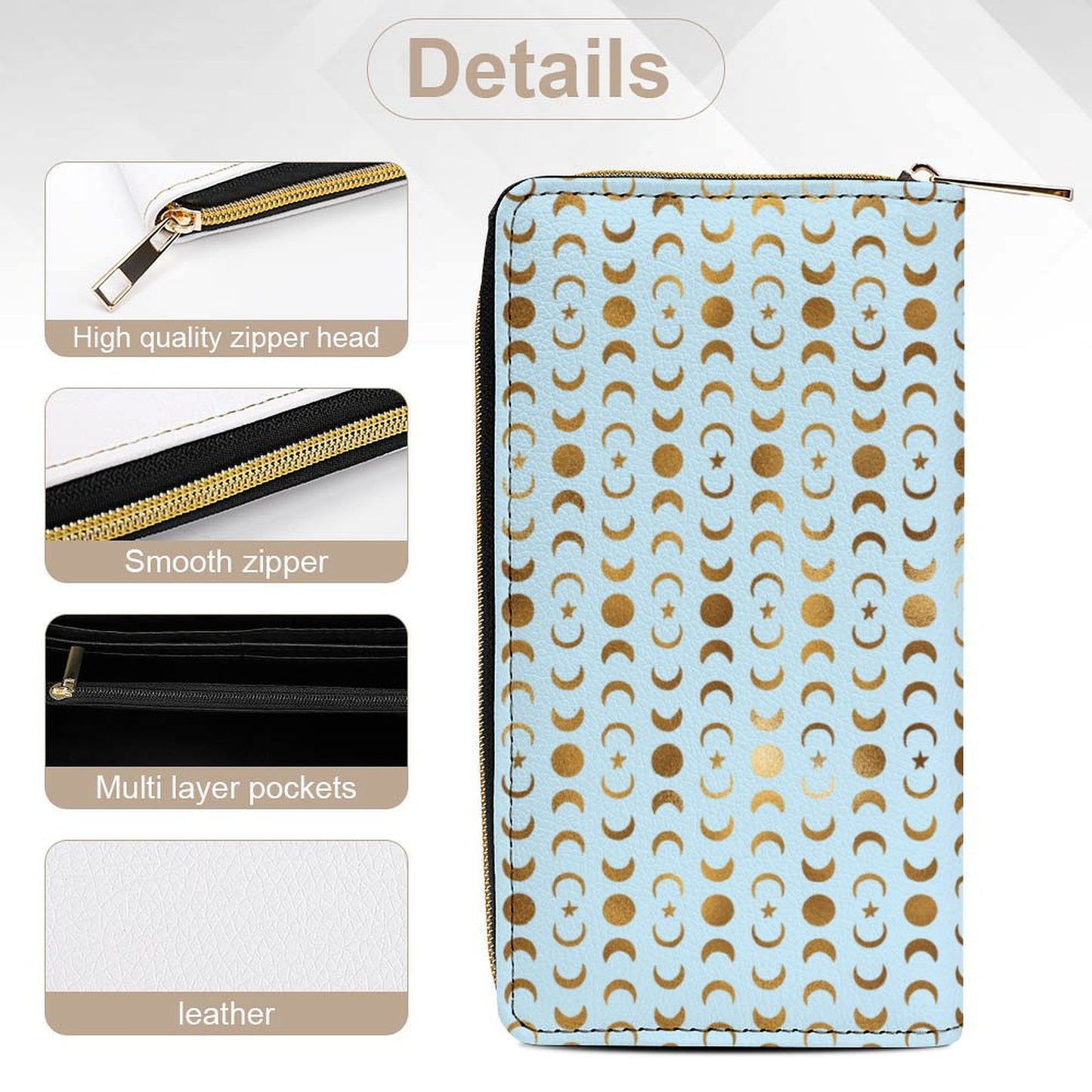 Leather Wallet Zipped - Pastel Blue With Gold Moons