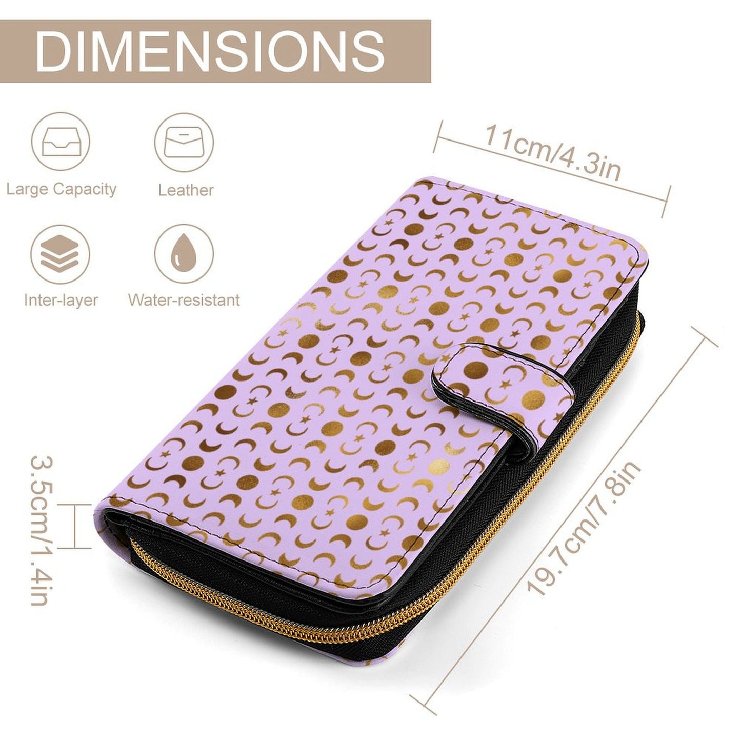 Leather Wallet - Pastel Purple & Gold Moons