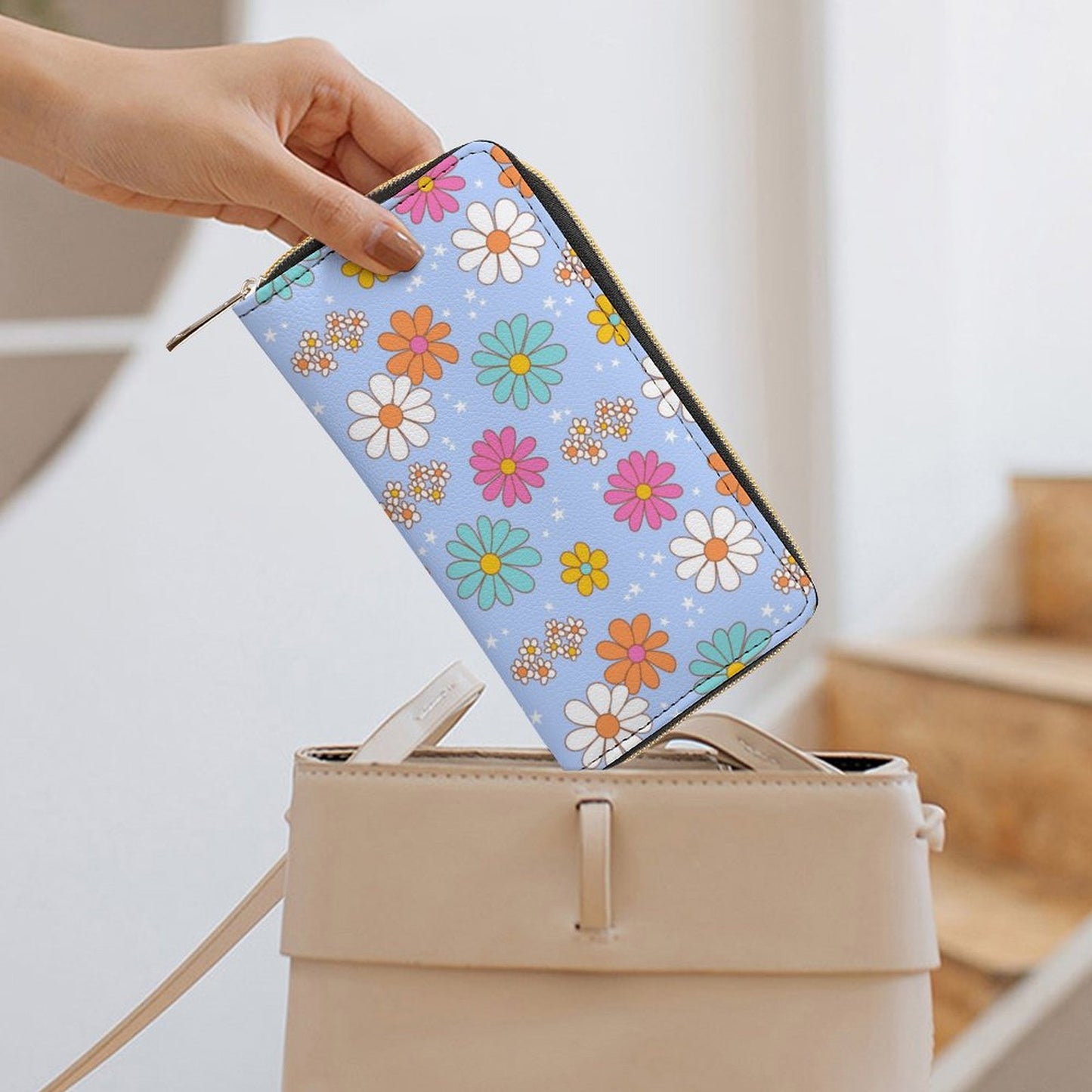 Zipped Wallet - Blue Flower Print