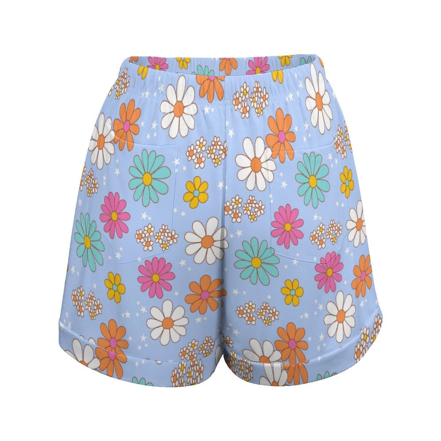 High Waisted Shorts - Blue Flower Pattern