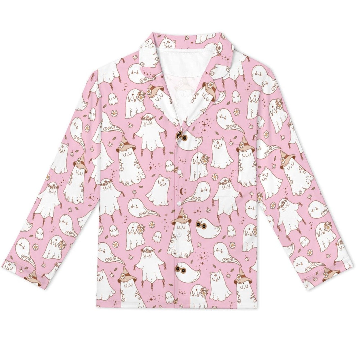 Women's Long Pajama Set - Pastel Pink Spooky Ghost