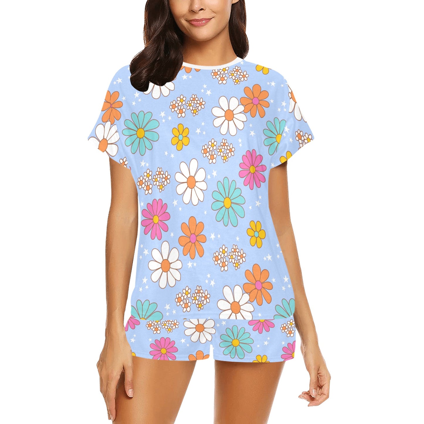 Short Pajama Set - Pastel Blue Flower Print