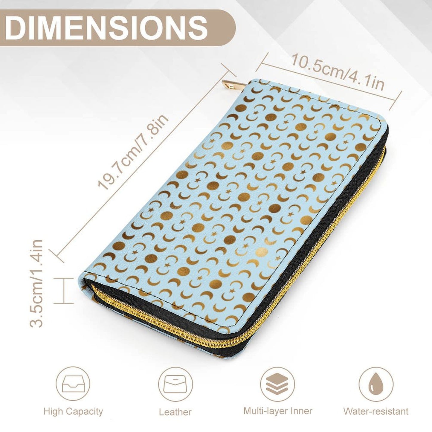 Leather Wallet Zipped - Pastel Blue With Gold Moons