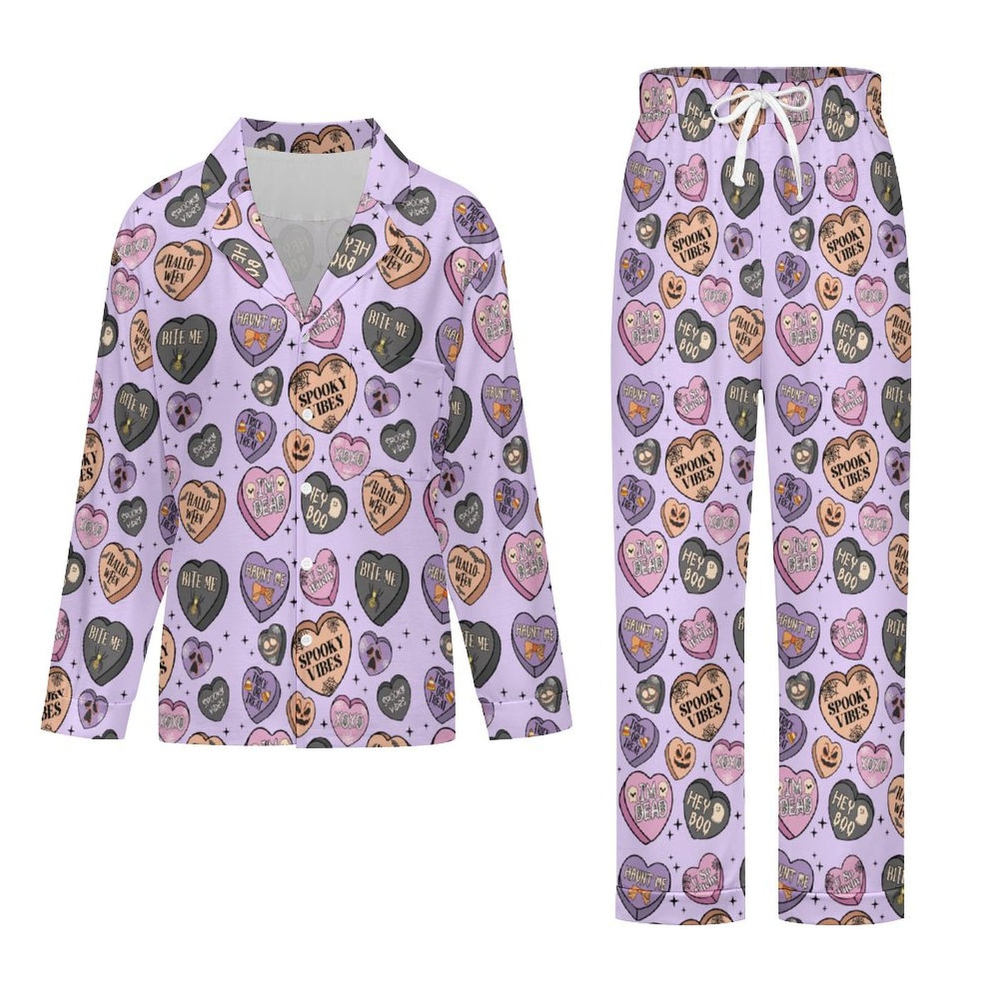 Women's Long Pajama Set - Spooky Candy Hearts