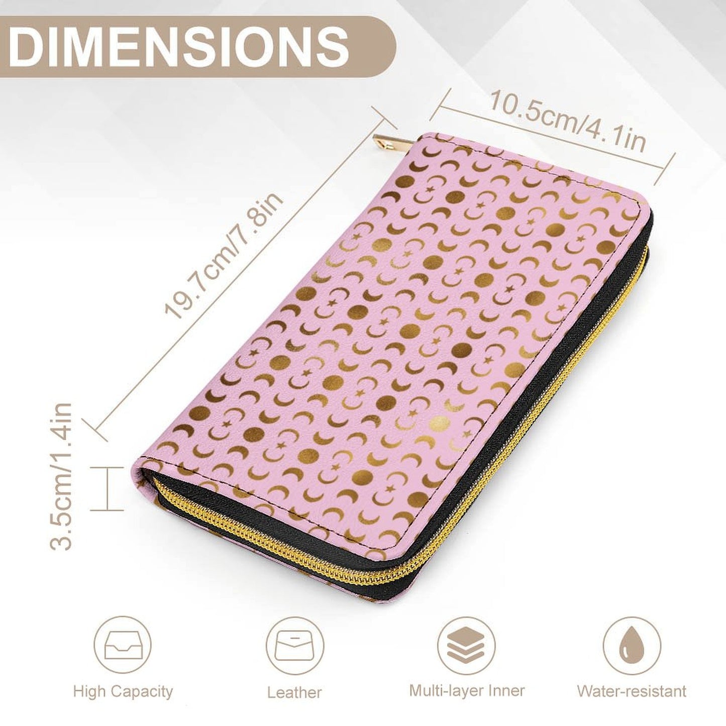 Leather Wallet Zipped - Pastel Pink with Gold Moons