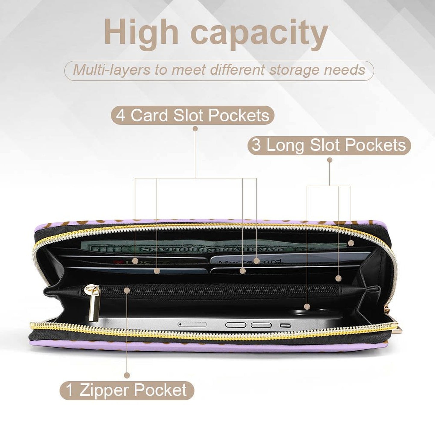 Leather Wallet Zipped - Pastel Purple & Moons