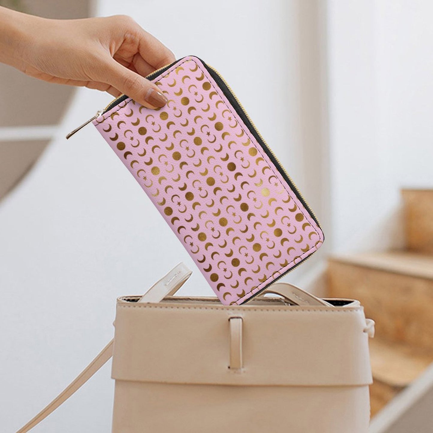 Leather Wallet Zipped - Pastel Pink with Gold Moons