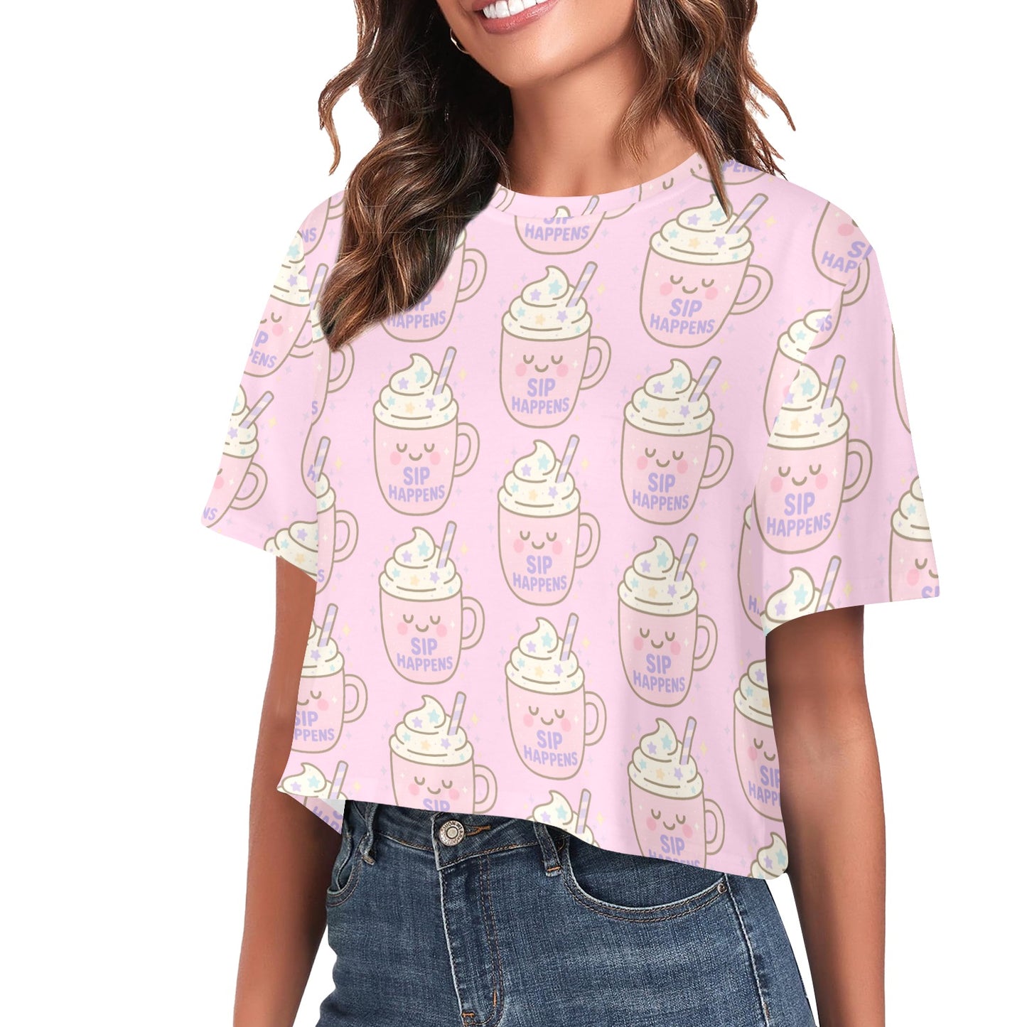 Crop Tee - Sip Happens - Pastel Pink