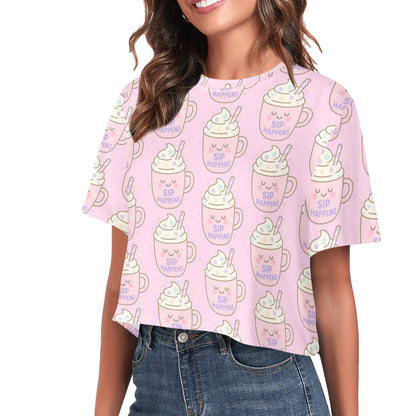 Crop Tee - Sip Happens - Pastel Pink