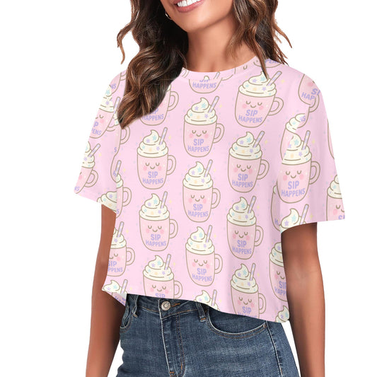 Crop Tee - Sip Happens - Pastel Pink
