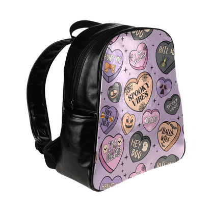 Faux Leather Backpack - Purple Spooky Design -  Multi-Pockets