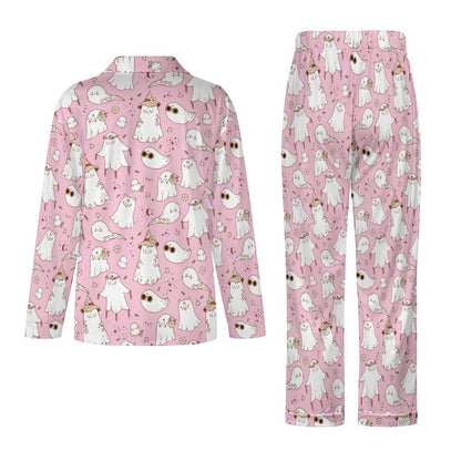 Women's Long Pajama Set - Pastel Pink Spooky Ghost
