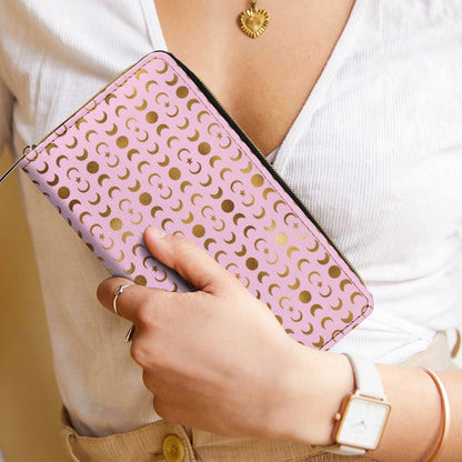 Leather Wallet Zipped - Pastel Pink with Gold Moons
