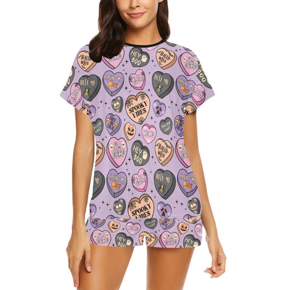 Short Pajama Set - Pastel Purple Halloween Candy Hearts