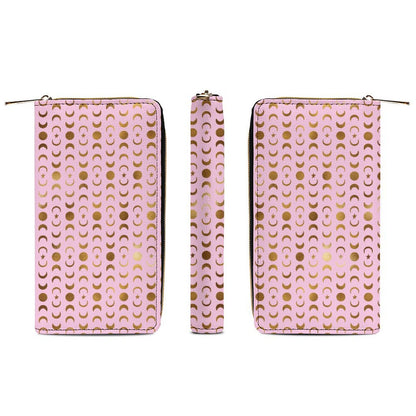 Leather Wallet Zipped - Pastel Pink with Gold Moons