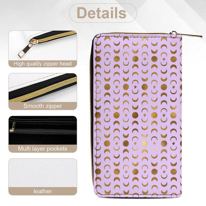 Leather Wallet Zipped - Pastel Purple & Moons