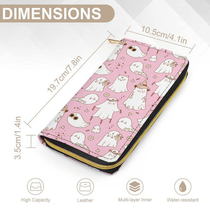 Leather Wallet - Zipped - Pastel Pink Spooky Ghost Print