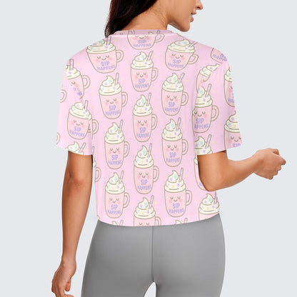 Crop Tee - Sip Happens - Pastel Pink