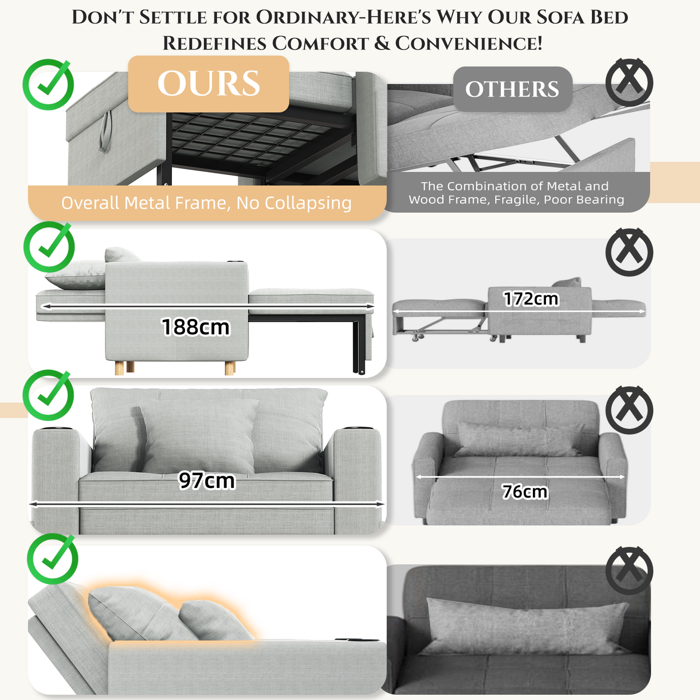Sleeper Chair, Convertible Chair Bed for Adults, 3-in-1 Pull Out Sofa Chair
