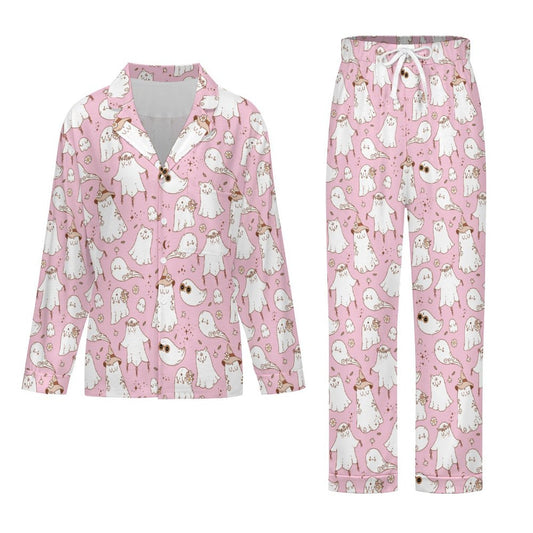 Women's Long Pajama Set - Pastel Pink Spooky Ghost