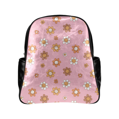 Faux Leather Backpack - Pastel Pink Happy Flower Design Multi-Pockets