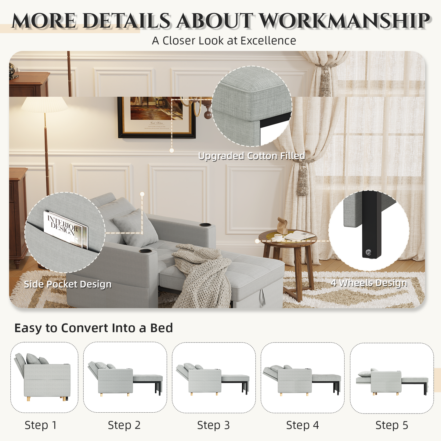Sleeper Chair, Convertible Chair Bed for Adults, 3-in-1 Pull Out Sofa Chair