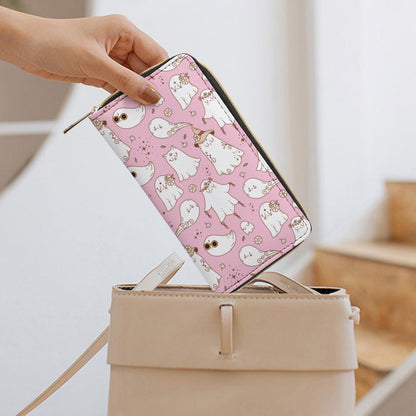Leather Wallet - Zipped - Pastel Pink Spooky Ghost Print